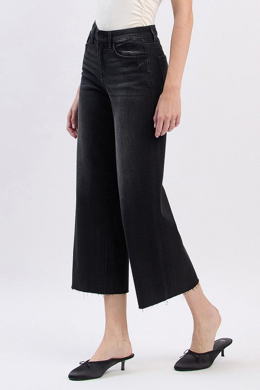 Vervet - High Rise Clean Cut Raw Hem Crop Slim Wide Jeans