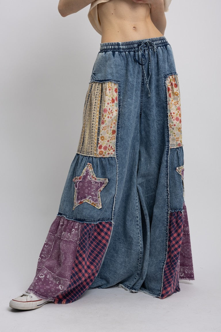 Side Tiered Star Patchwork Wide Flare Pants