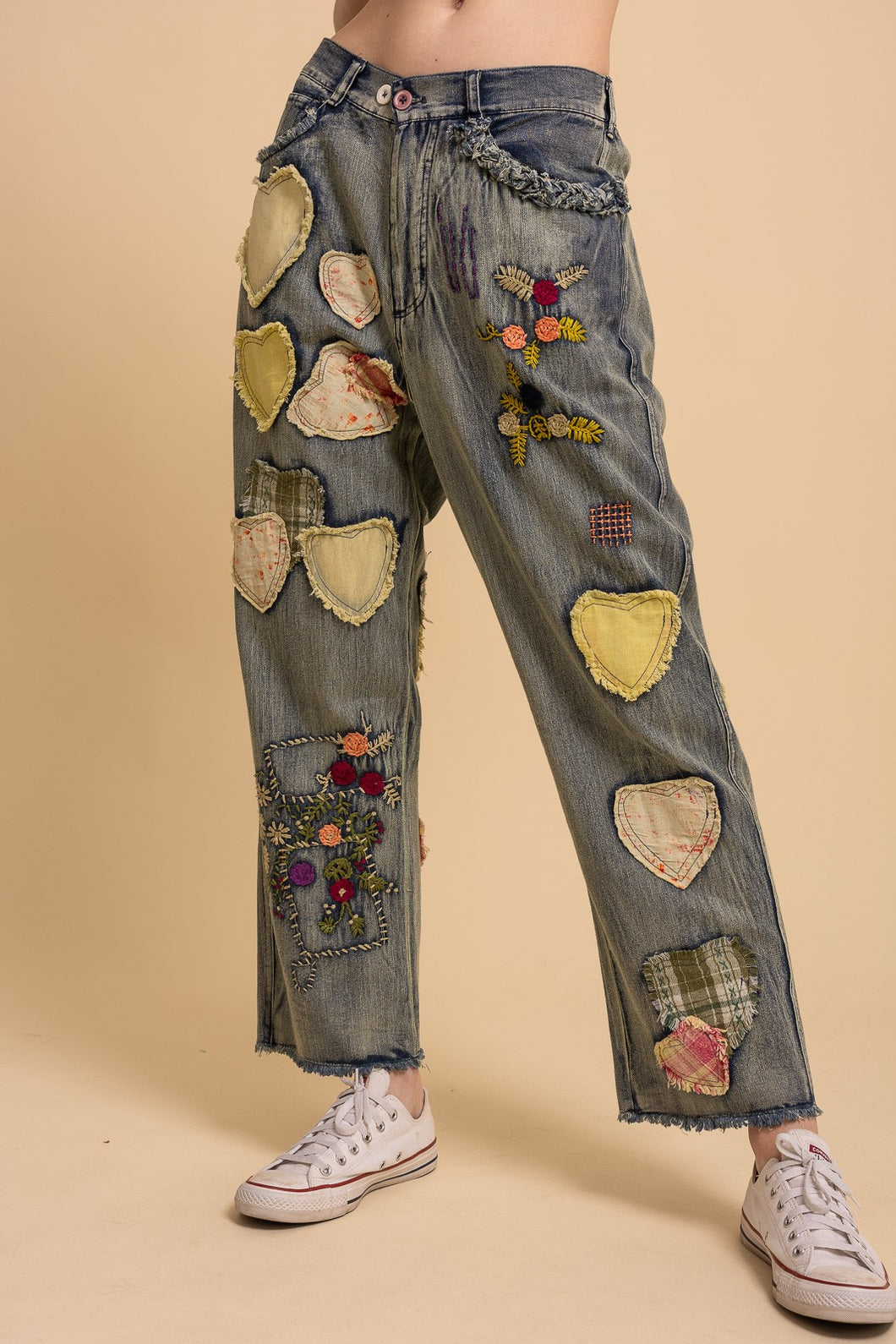 Playful Heart Patch Embroidery Mix Denim Pants