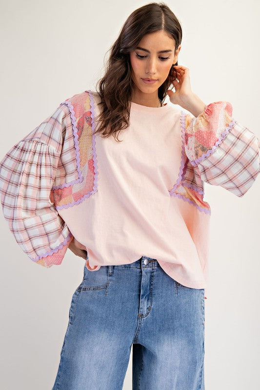 Plus Size-print Mix Washed Knit Top