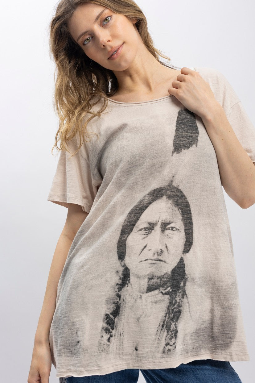 Sitting Bull Print Washed Short Sleeve T-shirts