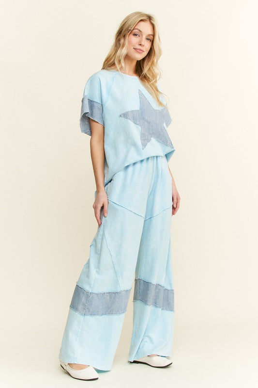 J. Her - Mineral Washed Denim Patched Wide Leg Pants