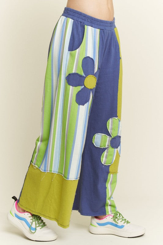 J. HER - Striped Flower Patched Washed Casual Pants
