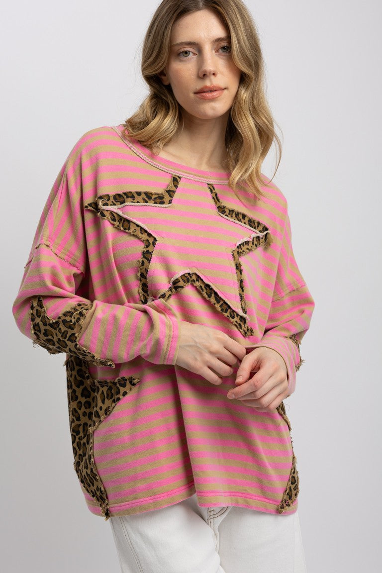 Leopard Star Patch Crewneck Striped Top