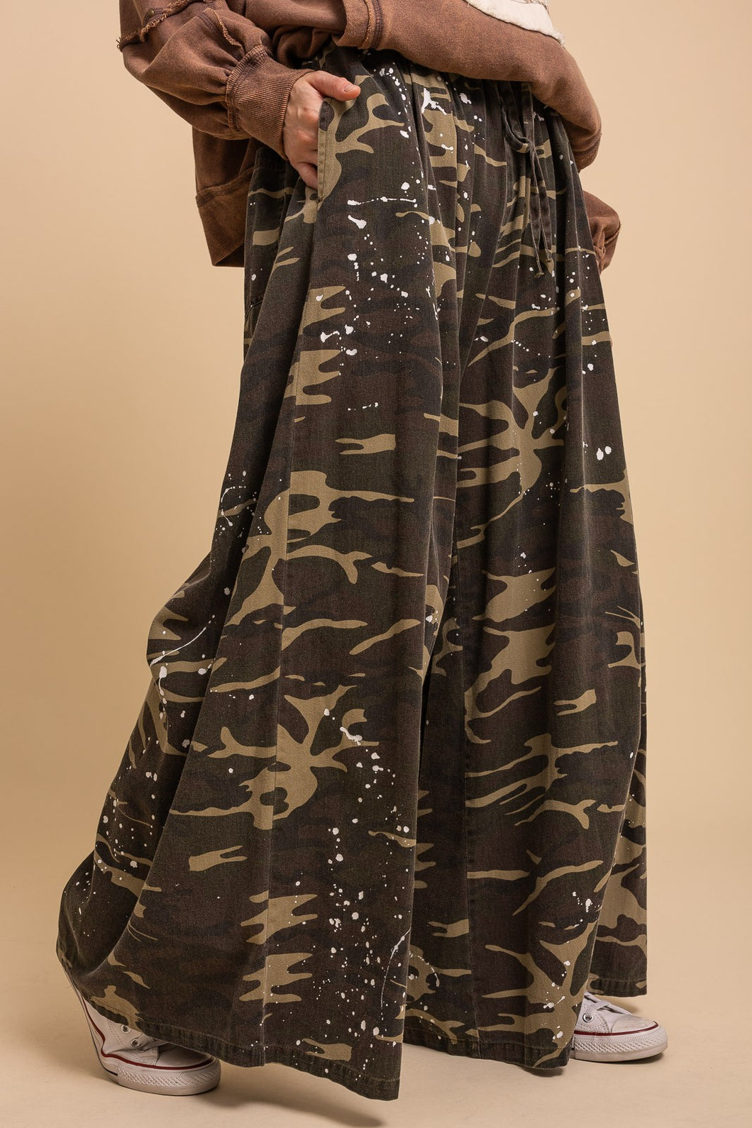 Washed Paint Splatter Camouflage Wideleg Pants