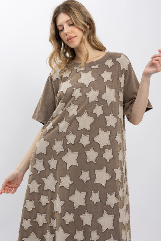 Bluevelvet - Star Patchwork Short Sleeve Long Dress - Charcoal