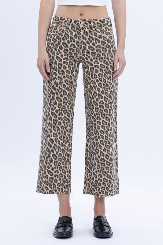 Vervet - High Rise Animal Print Crop Wide Leg Jeans
