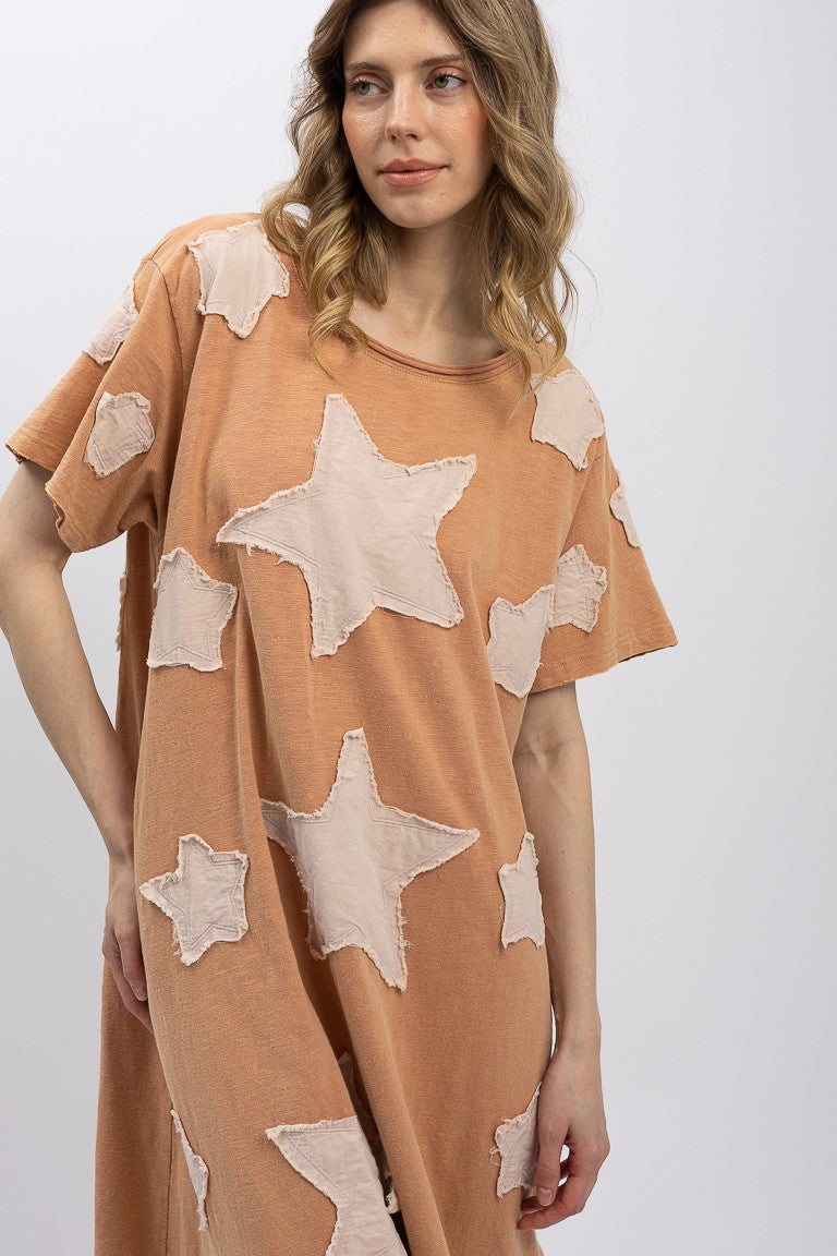 Star Patchwork Short Sleeve Long Dress