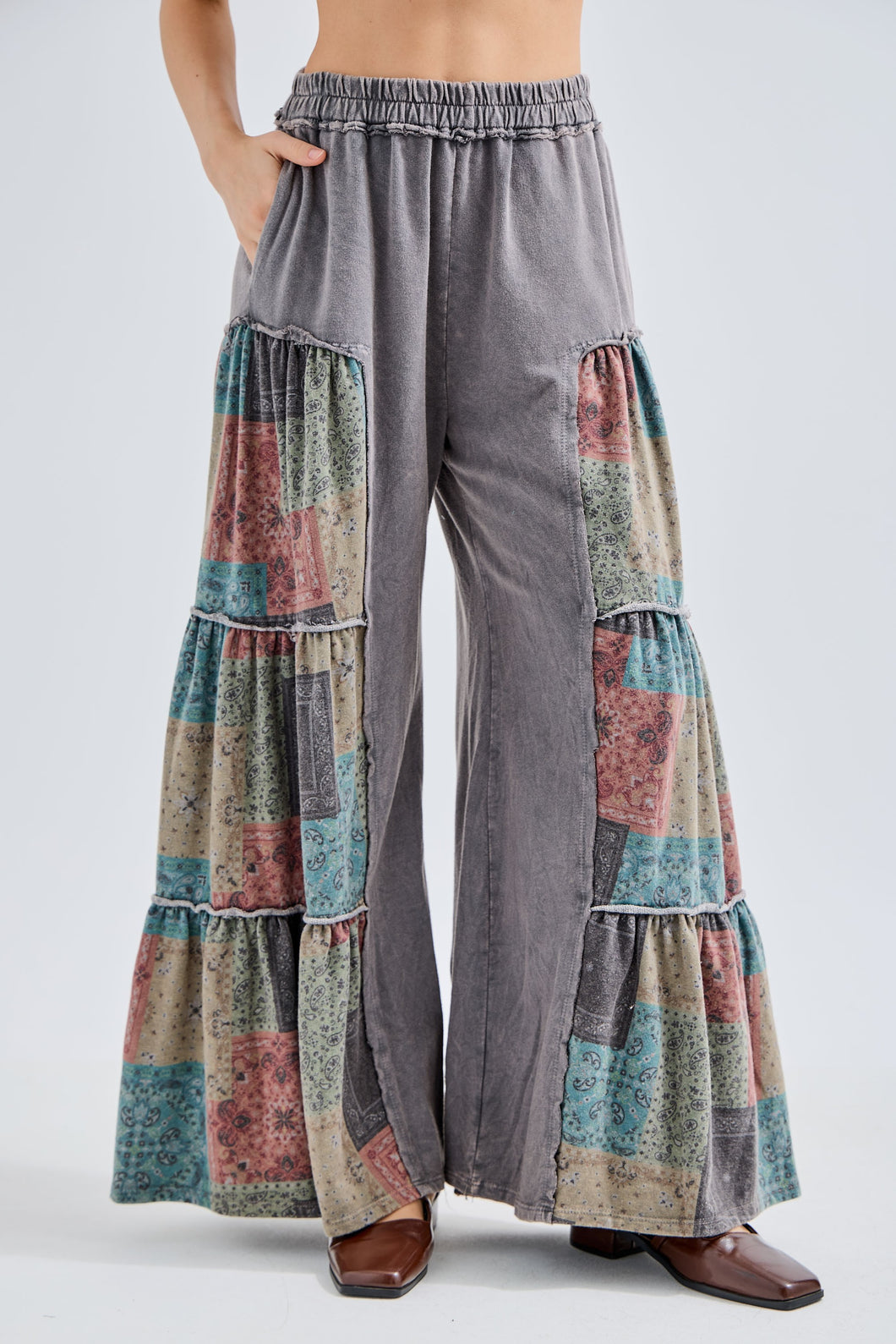 J. Her- Mineral Washed Boho Patch Tiered Wide Pants
