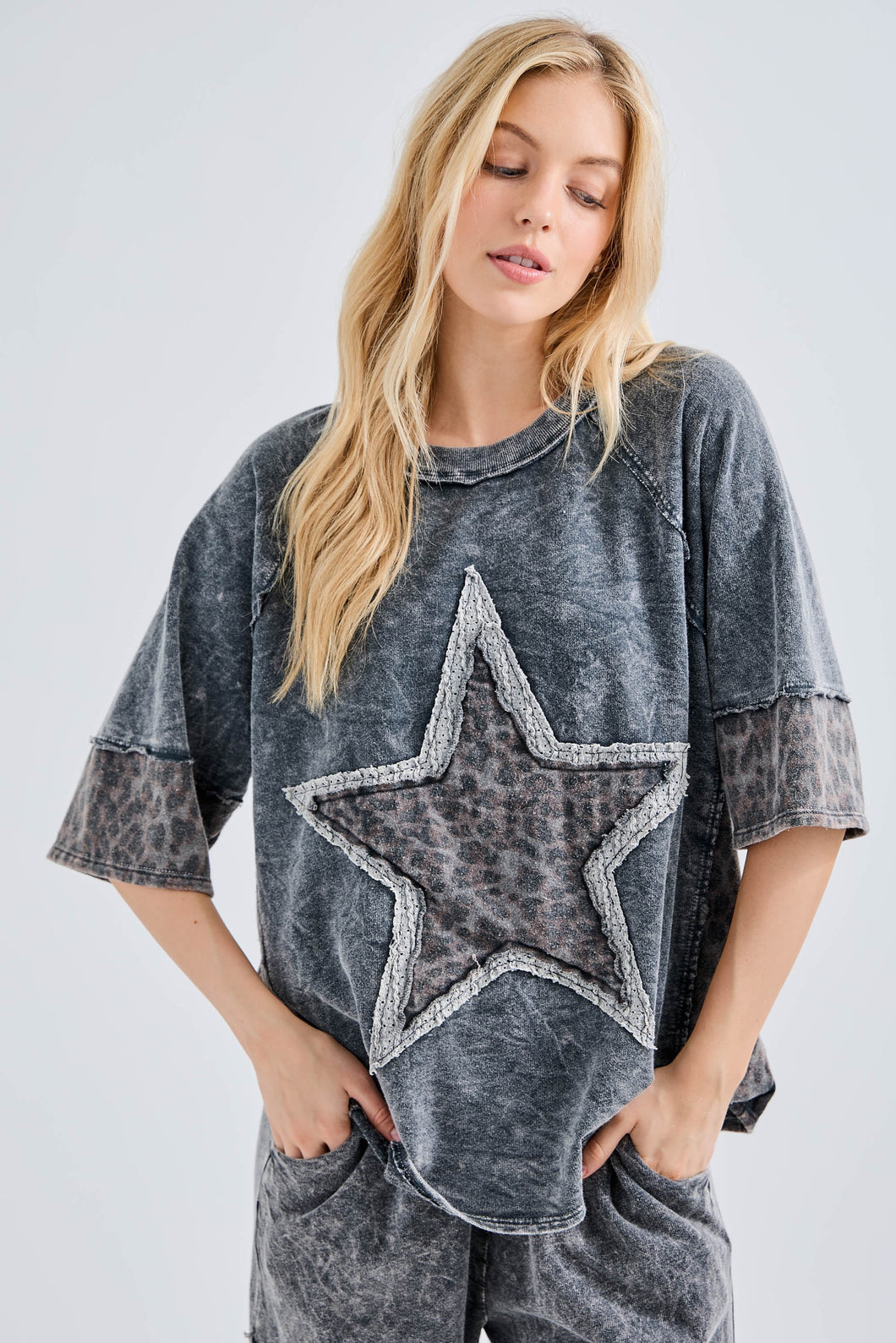 J. Her - Mineral Washed Leopard Star Halfsleeve Top
