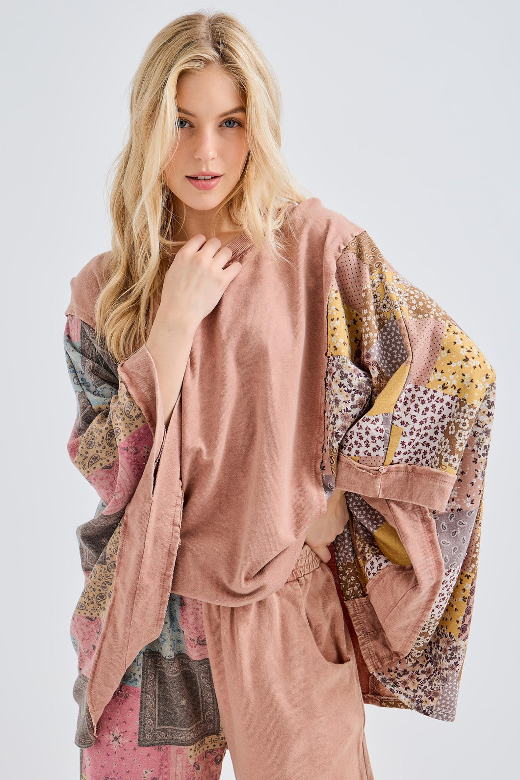 J. Her - Mineral Washed Boho Patch Poncho Top