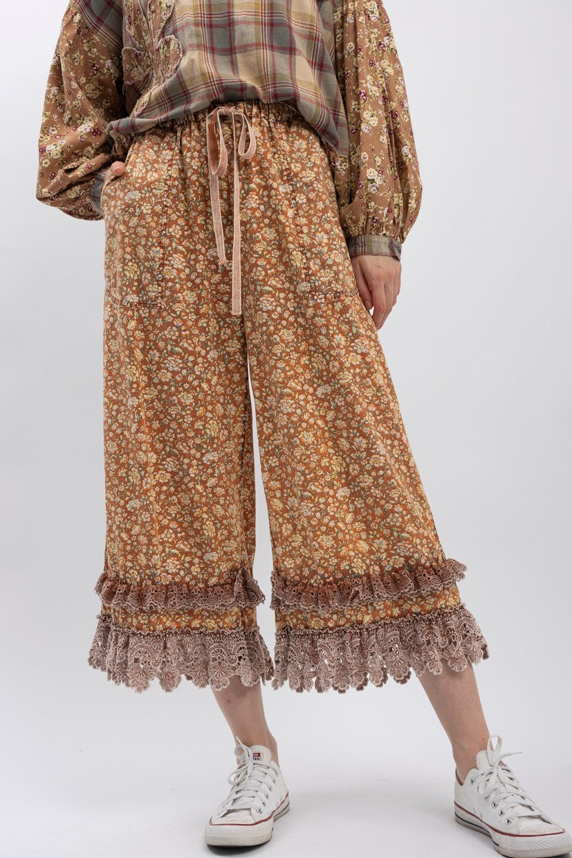 Floral Printed With Lace Trim Elastic Waist Pants