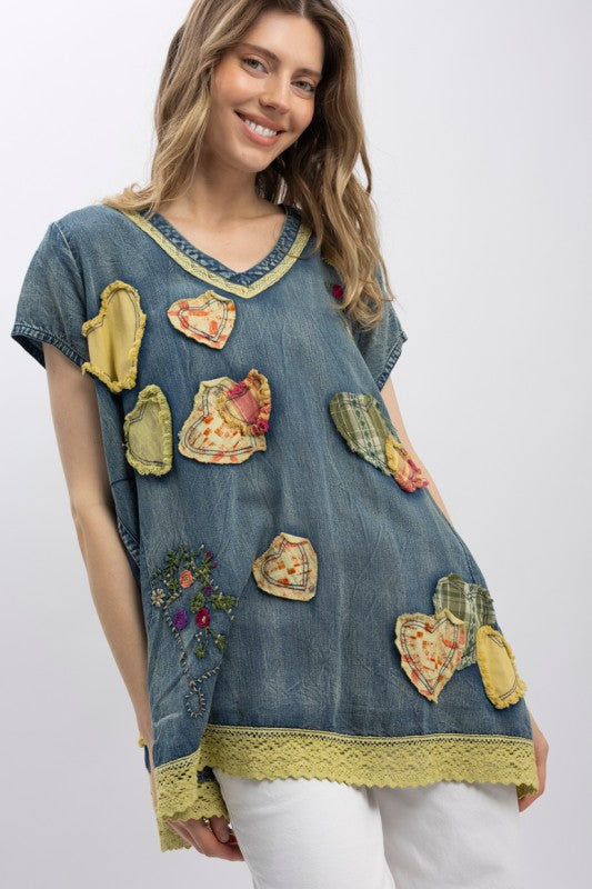 Jolly Heart Patchwork Chambray Top