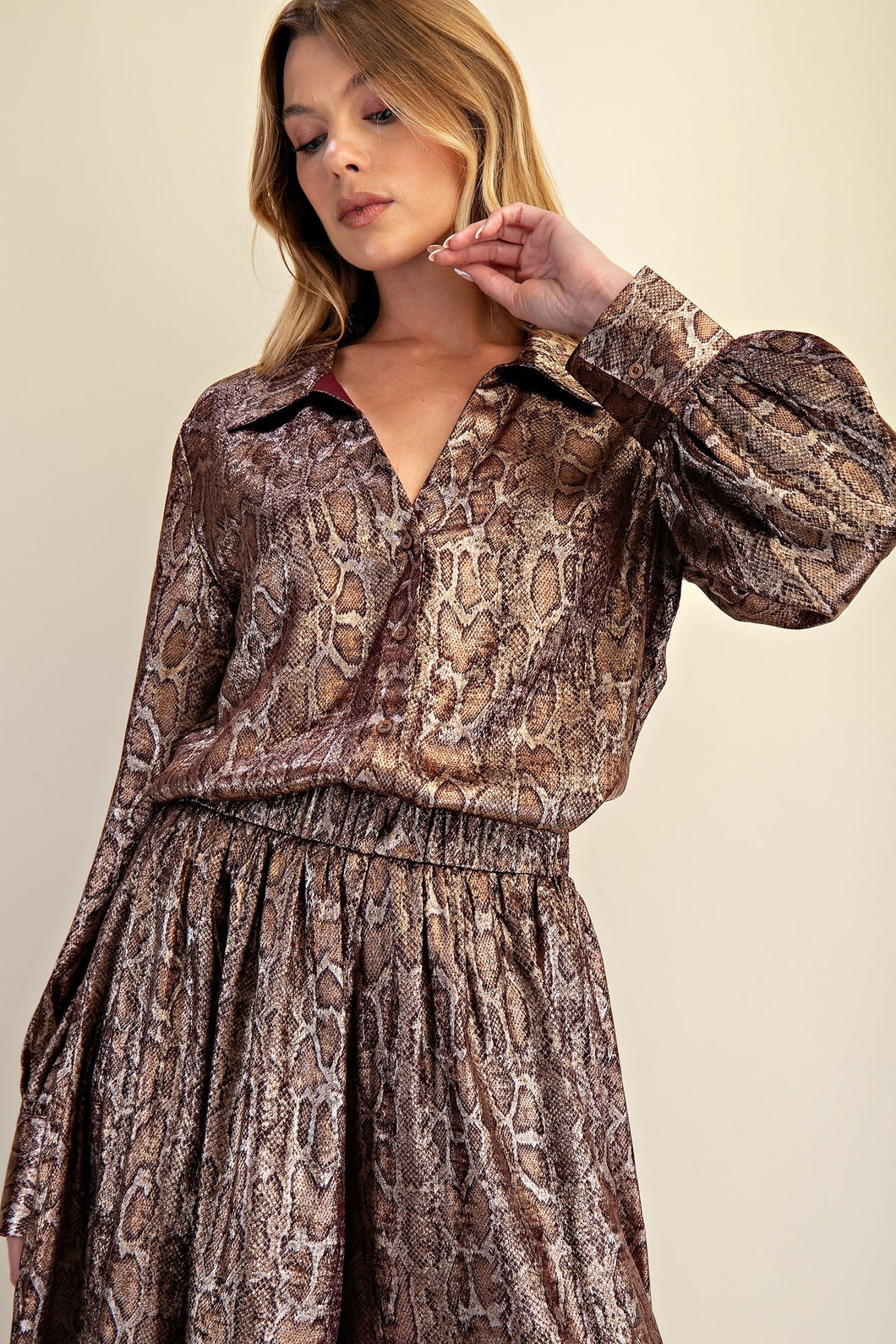 Snake Print V-neck Collar Button Down Shirt
