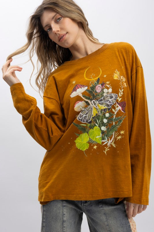 Moon Flower Print Long Sleeve Tee Shirt