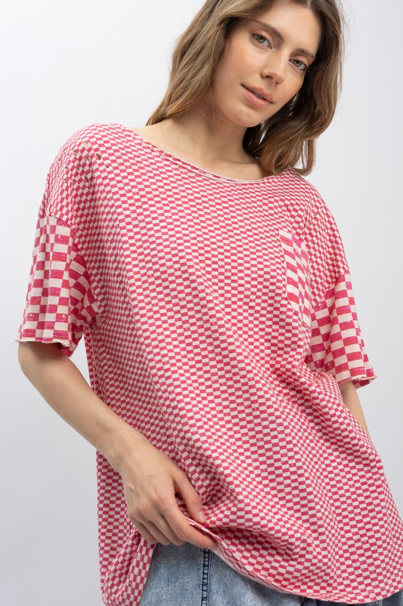Checkerboard Print Mix Short Sleeve Tee Shirt