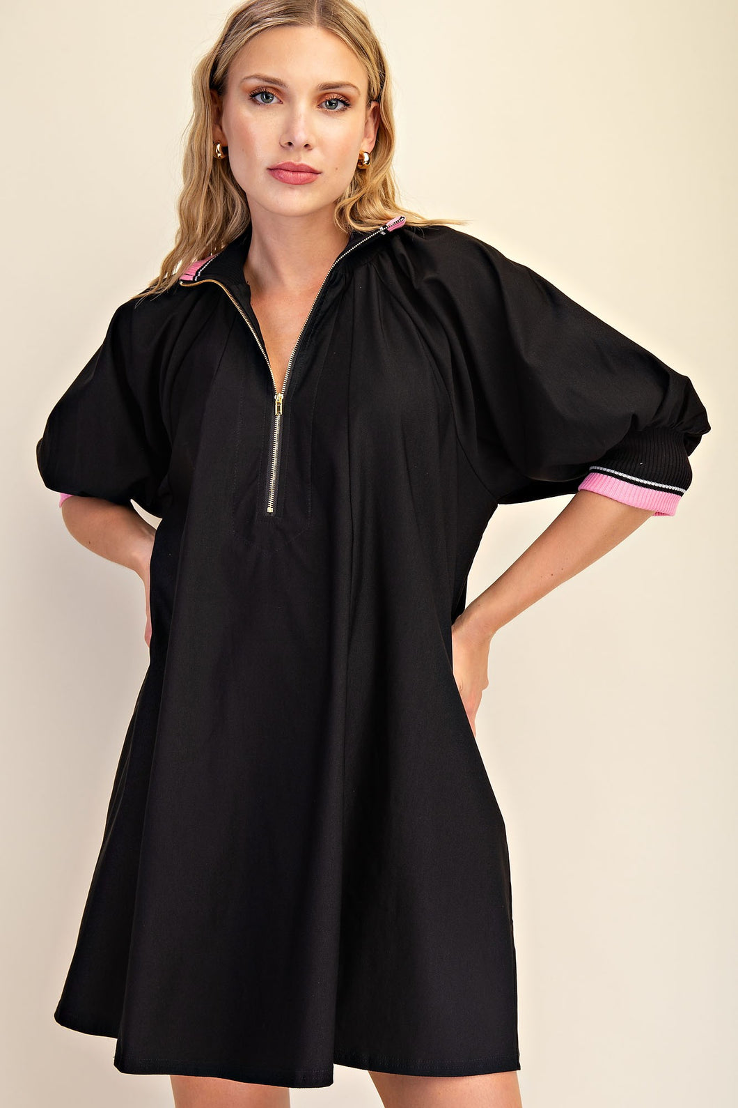 Glam - Mock Neck Band Puff Sleeve Mini Dress