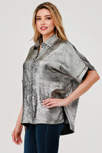 Load image into Gallery viewer, Short Sleeve Collared Button Down Metallic Top
