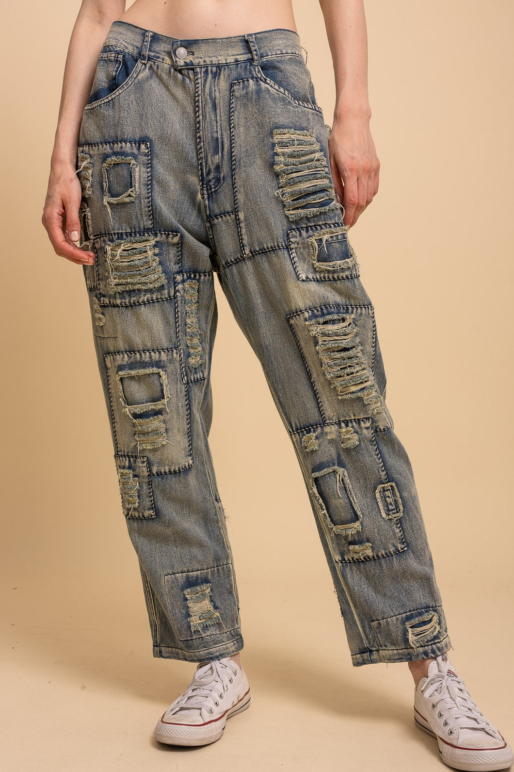 Distressed Patchwork Washed Jeans