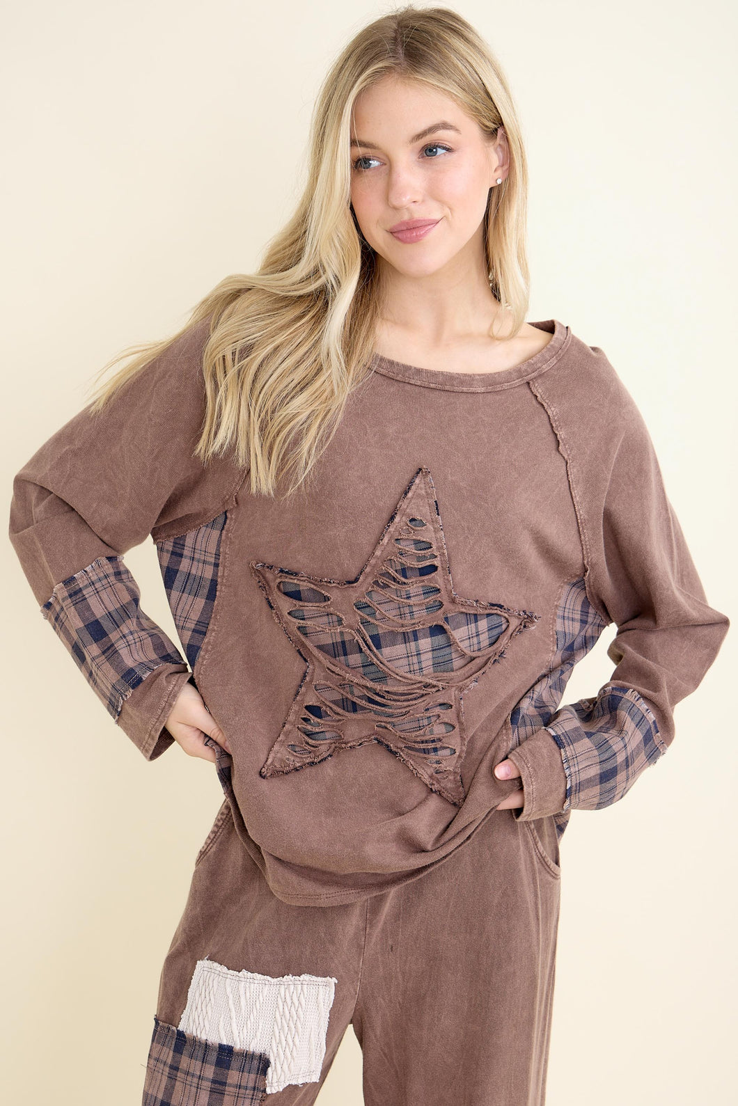 J. Her -Mineral Washed Distressed Star Patch Plaid Top