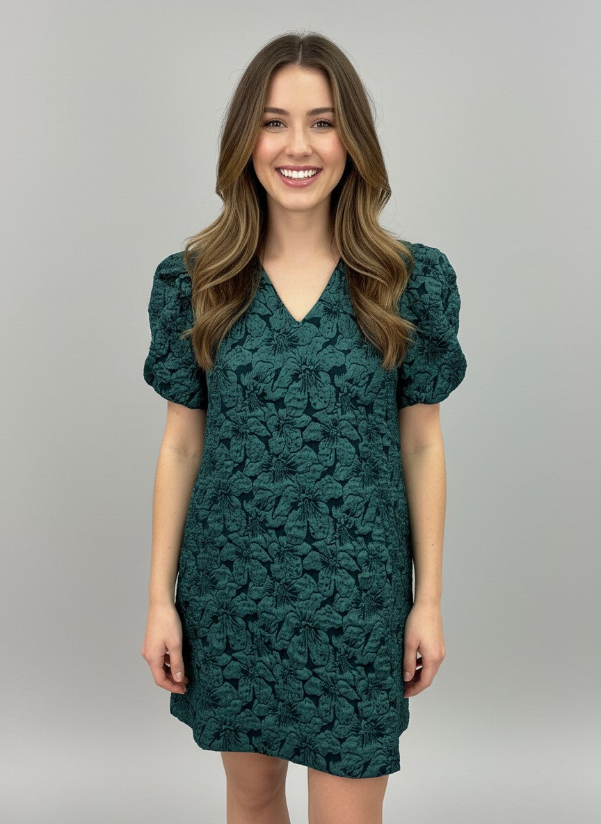 Pixi + Ivy - Green Puff Sleeve Jaquard Sleeve Holiday Dress