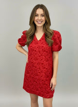 Load image into Gallery viewer, Pixi + Ivy - Red Puff Sleeve Jaquard Floral Holiday Dress
