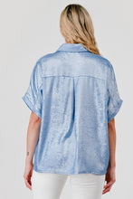 Load image into Gallery viewer, Pixi + Ivy - Short Sleeve Collared Button Down Metallic Top - Blue
