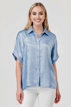 Load image into Gallery viewer, Pixi + Ivy - Short Sleeve Collared Button Down Metallic Top - Blue
