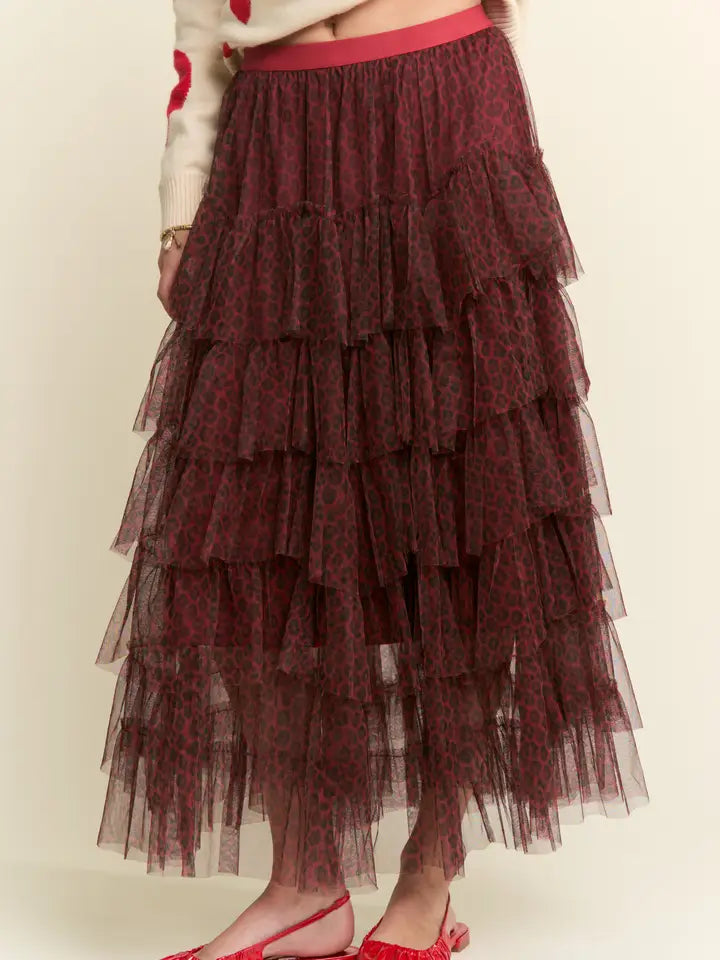 J.NNA - Leopard Print Mesh Tiered Maxi Skirt