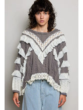 Load image into Gallery viewer, Pol - Eyelet Ruffle Raw Edge Trim Lace Solid Knit Top  Gray
