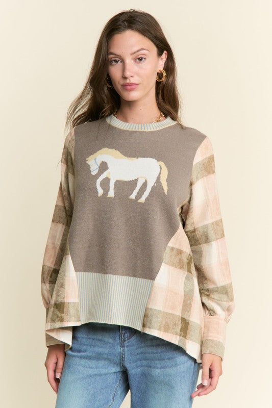 J.nna - Knit Horse Design Mixed Fabric Top