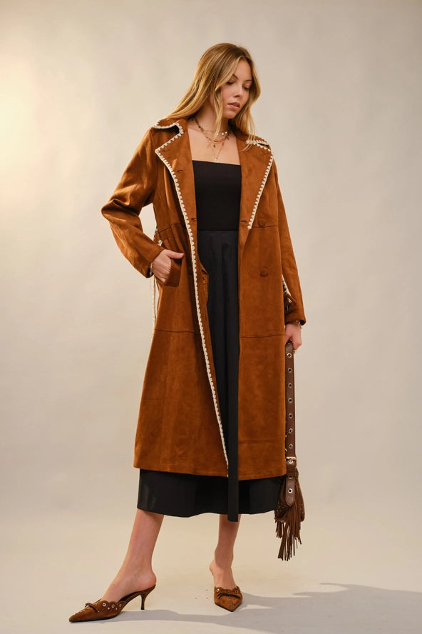 Blue B - Faux Suede Edge Embroidery Trench Coat