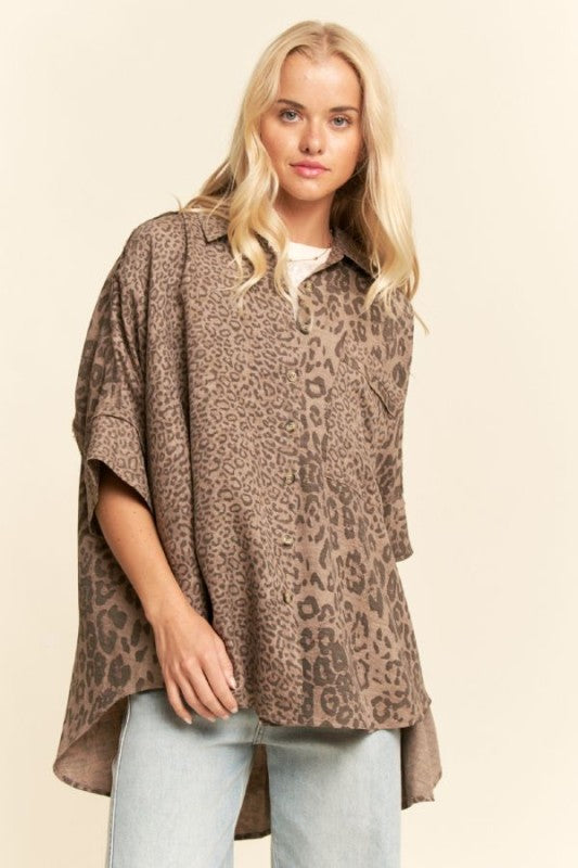 Davi & Dani - Animal Printed Ribbon Ruffle Sleeve Shirt Top