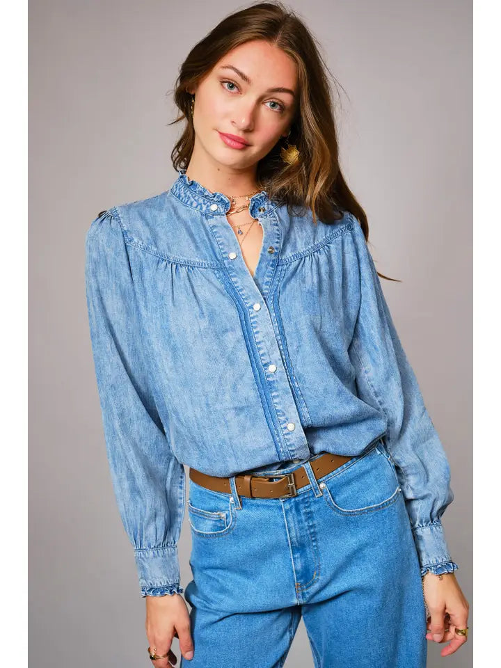 Blue B - Ruffle Neck Denim Snap Button Shirt