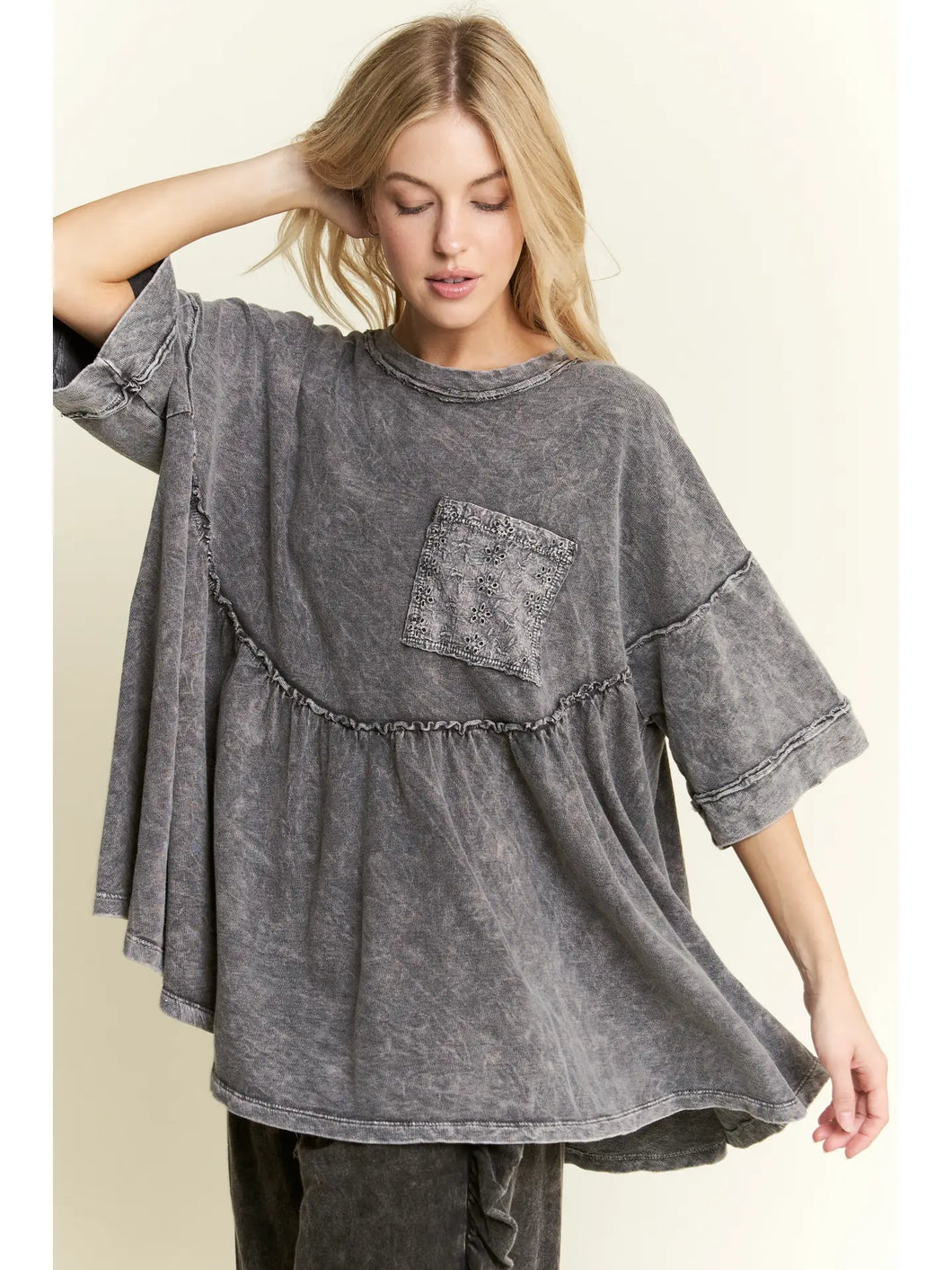 j. Her - Mineral Wash Babydoll top with Eyelet pocket