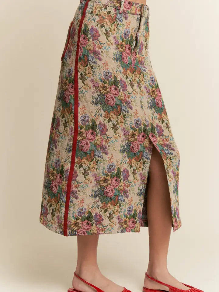 J.nna - Vintage Floral Front Slit Midi Skirt