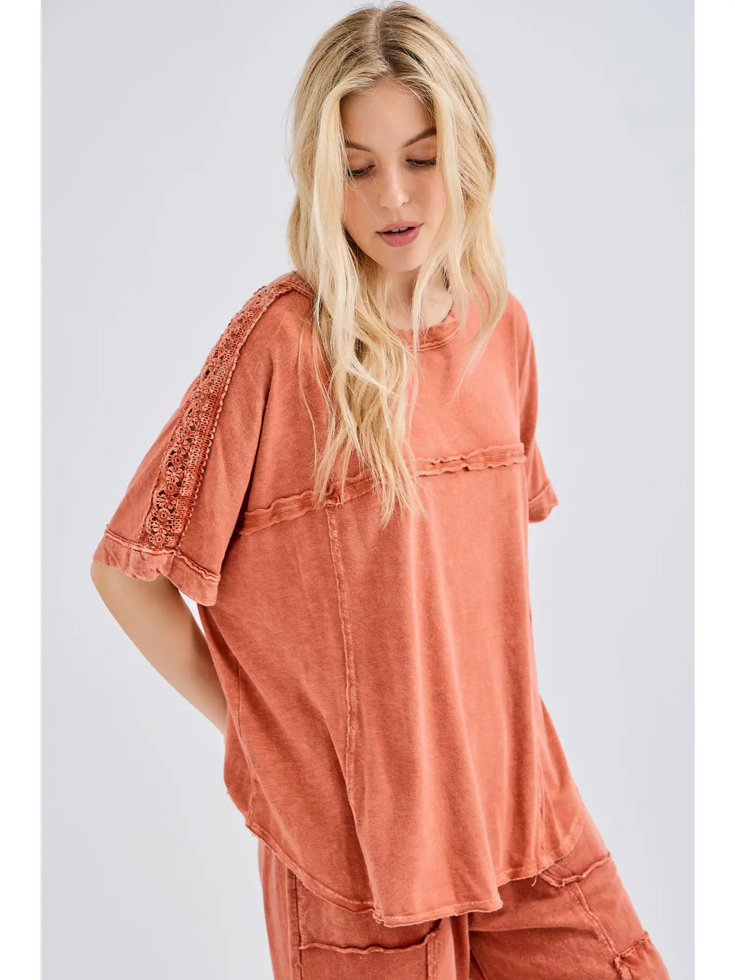 J. Her - Mineral Washed Relaxed Fit Tee with Crochet Detail