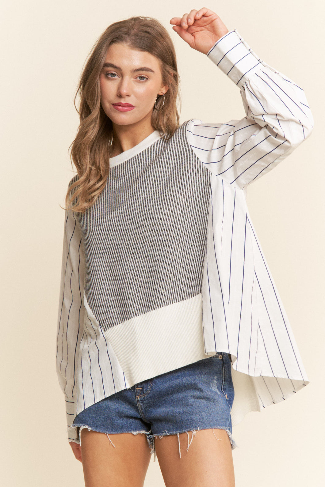 J.NNA - Multi Pattern Color Block Long Sleeve Top