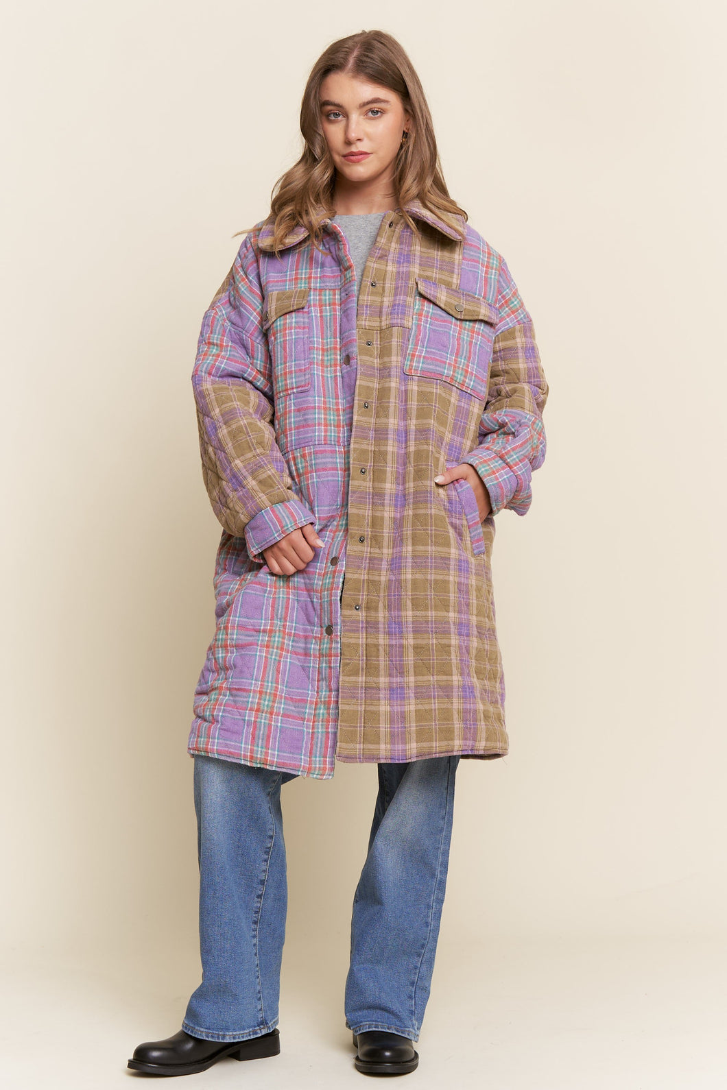 Diamond Stitched Padded Plaid Jacket