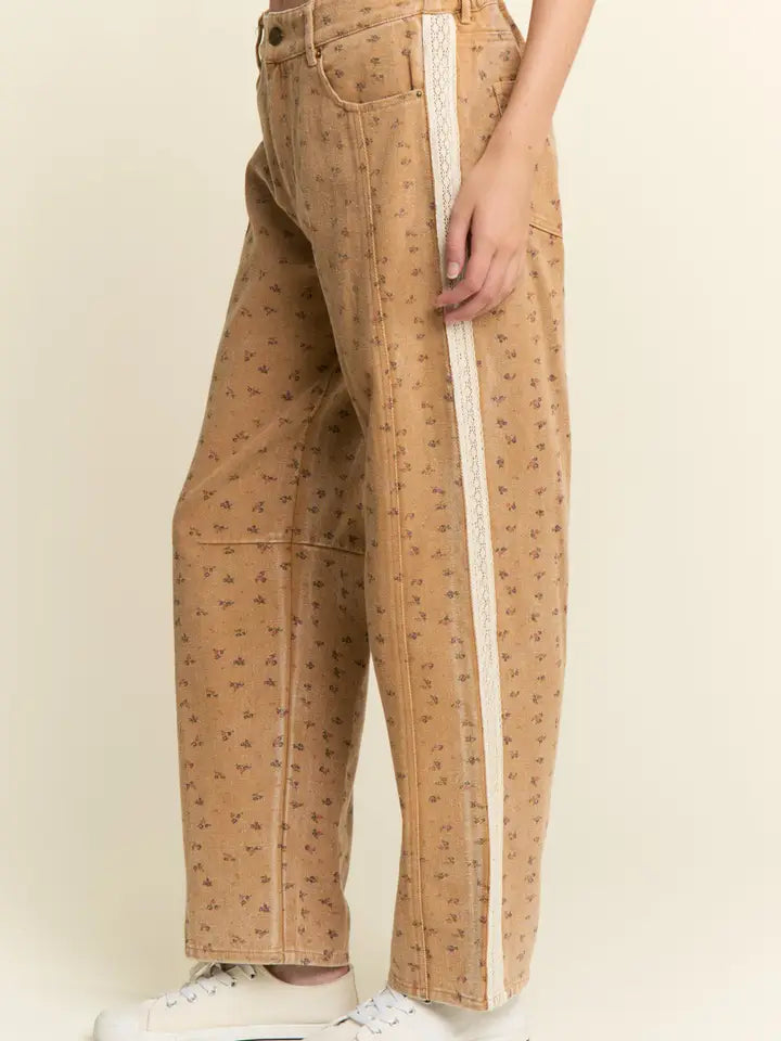 J.NNA - Denim Floral Print Lace Trim Jeans