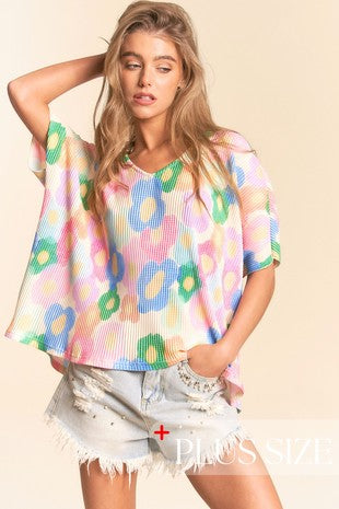 Floral Print Plisse Top