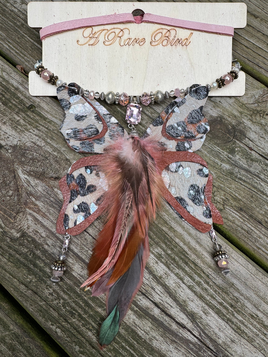 A Rare Bird-Pink Leopard Leather Butterfly Necklace
