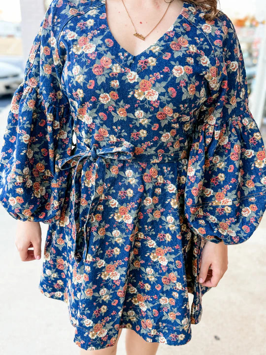 J.NNA - Floral Print Balloon Sleeve Dress - Dark Denim