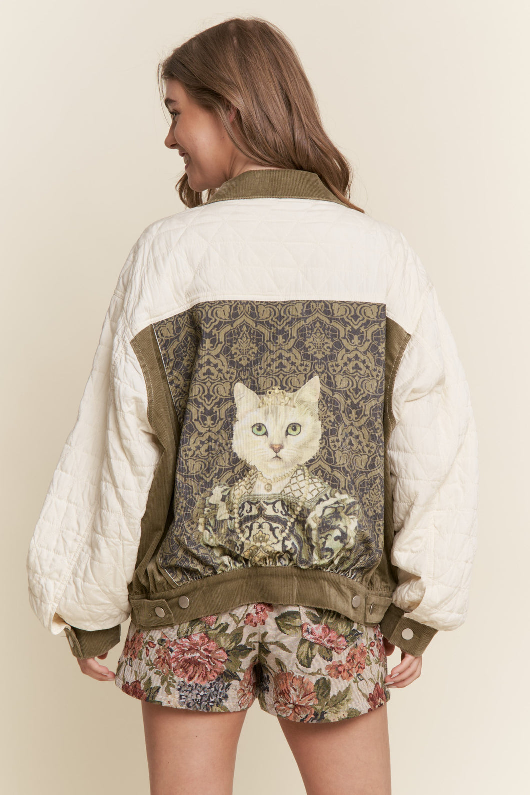 Queen Kitty Print Vintage Style Aviator Jacket