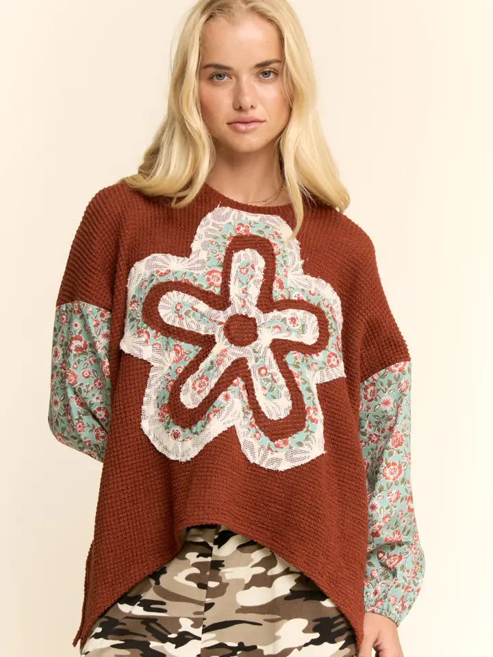 DAVI & DANI - Waffle Knit Multi-Flower Print Sleeves Top - COCOA