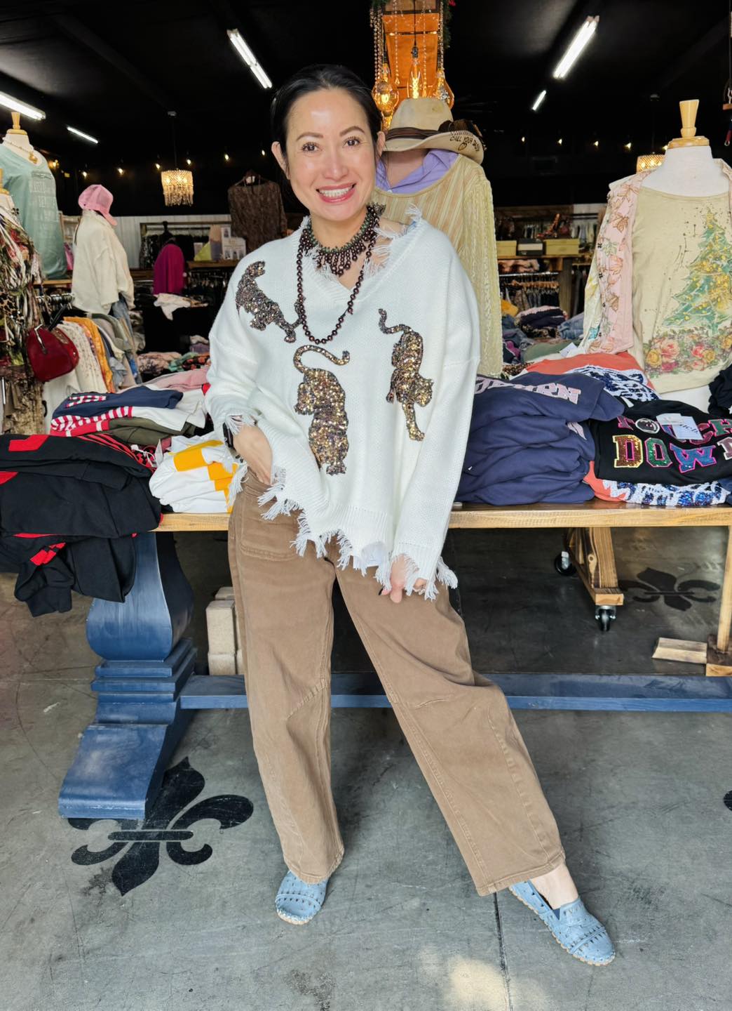 Blue B - Tiger Sequin Raw Hem Dropped Shoulder Sweater