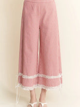 Load image into Gallery viewer, Davi &amp; Dani - Washed Stripe Ruffle Lace Bottom Cropped Pants
