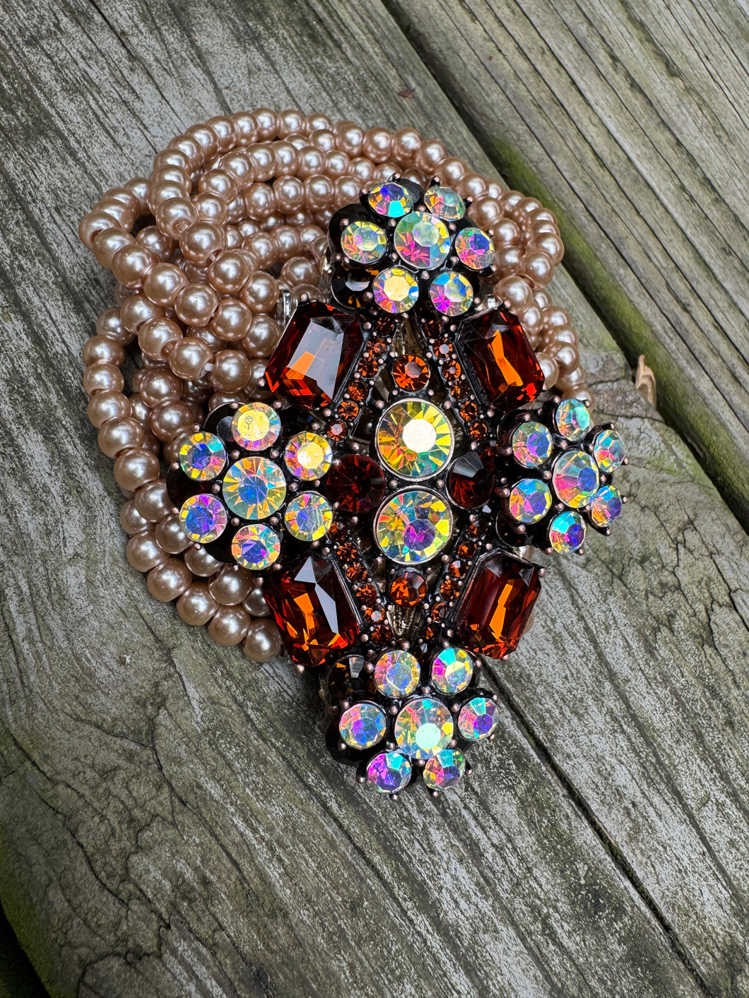 A Rare Bird- Brown Crystal 9 Strand Pearl Bracelet