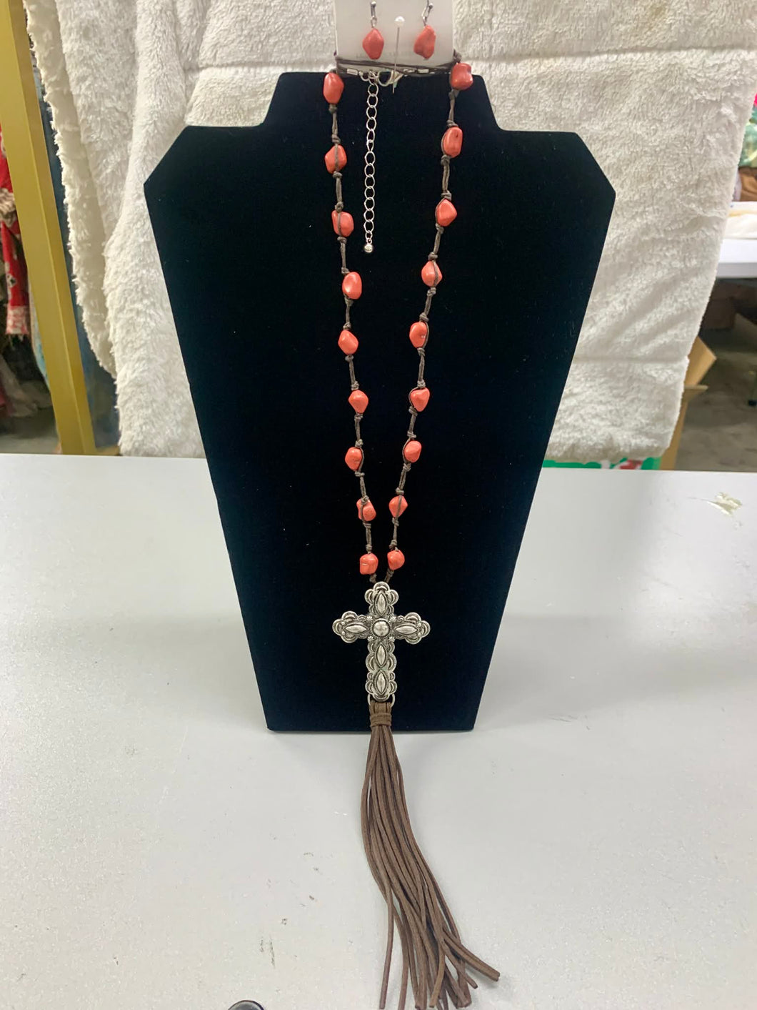 Icon Collection - Faded Red with Cross and Leather Tassels Necklace and Earrings Set