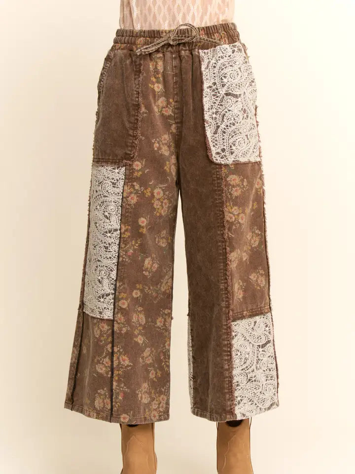 Davi & Dani - Washed Corduroy and Flower Denim Pants